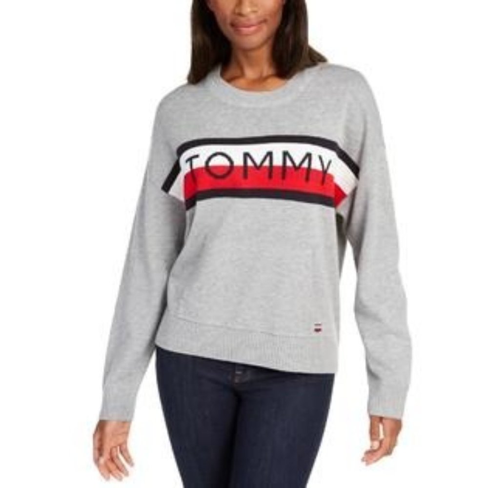 Tommy Hilfiger Women's Colorblock Spellout Crewneck Sweater Gray Size XS